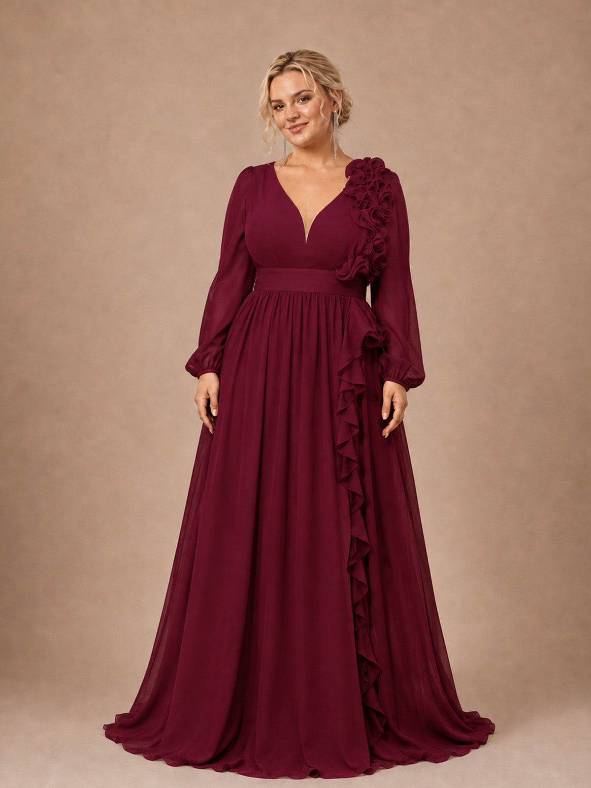 Women’s Burgundy Elegant Chiffon V-Neck Long Sleeve A-Line Maxi Dress with Ruffle Detail