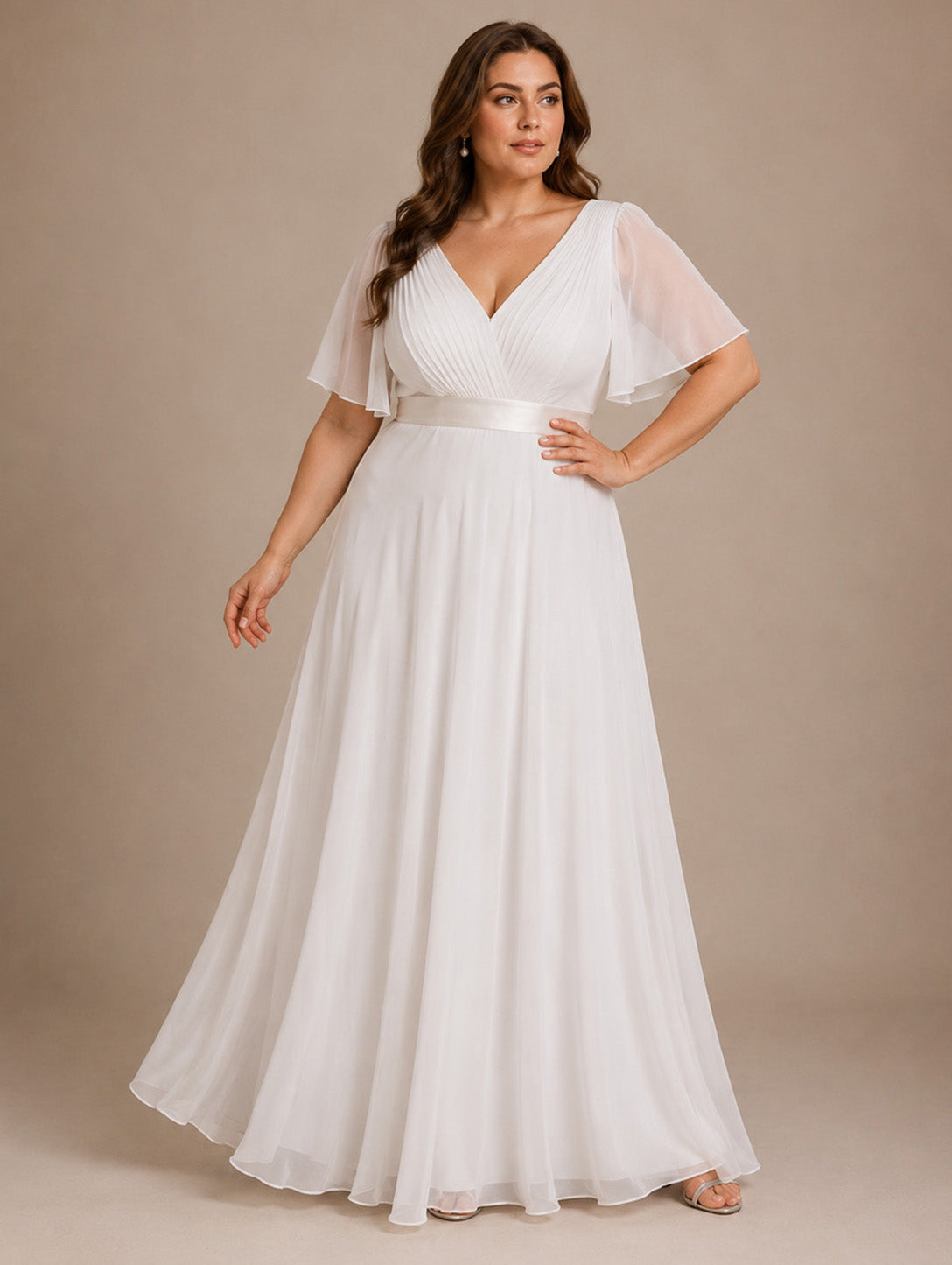Women’s White Graceful Chiffon V Neck Flutter Short Sleeve A-Line Maxi Dress with Pleated Bodice Detail