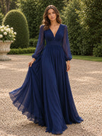 Women’s Navy Blue Elegant Chiffon V-Neck Long Sleeve Regular Floor-Length Wedding Guest Dress with Pleated Detail