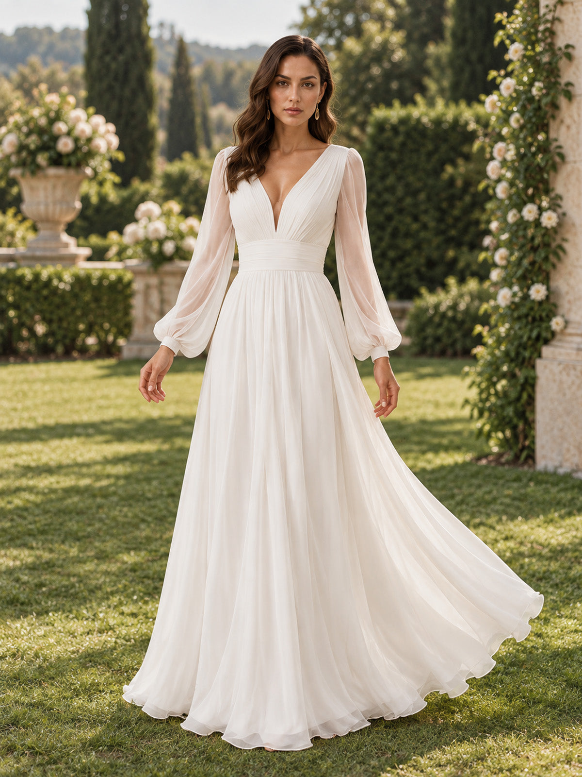 Women’s Navy Blue Elegant Chiffon V-Neck Long Sleeve Regular Floor-Length Wedding Guest Dress with Pleated Detail