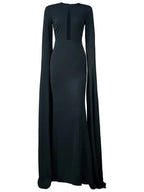 Women’s Black Elegant Knit Round Neck Long Sleeve Column Maxi Dress with Cape Sleeves