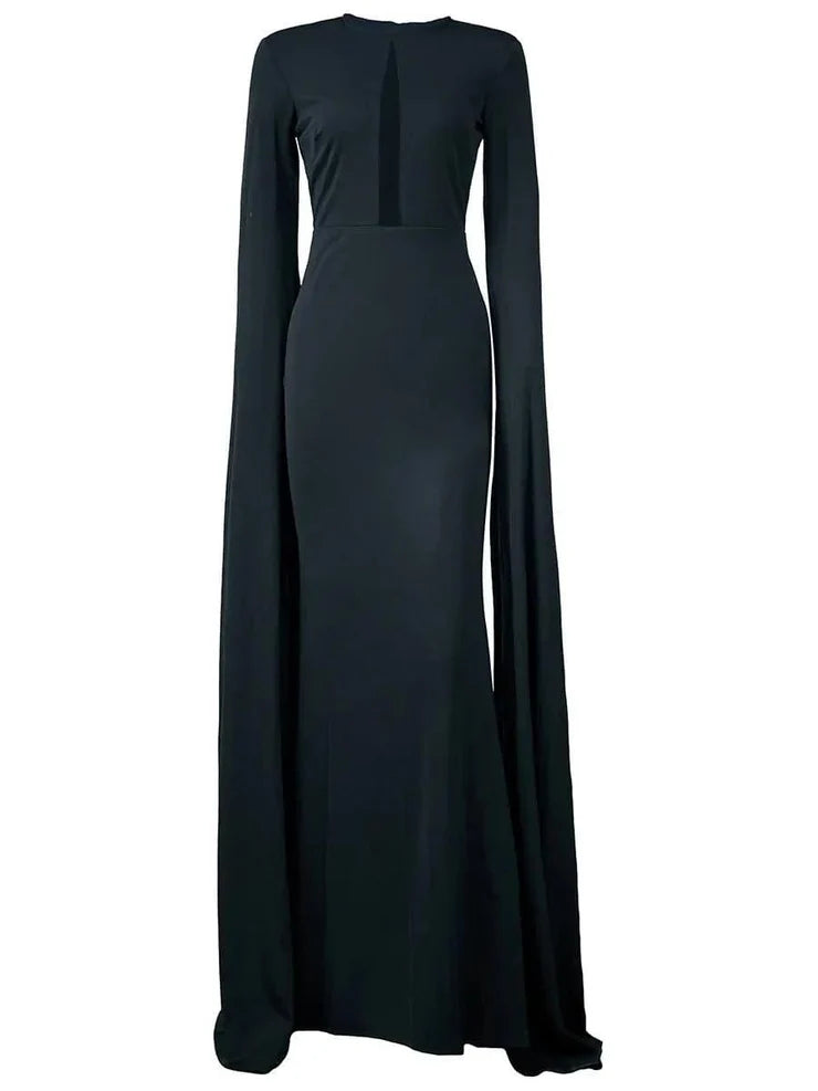 Women’s Black Elegant Knit Round Neck Long Sleeve Column Maxi Dress with Cape Sleeves