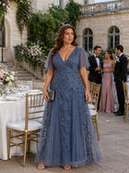 Women’s Burgundy Glamorous Sequin Mesh V Neck Flutter Short Sleeve A-Line Maxi Dress with Embellished Detail