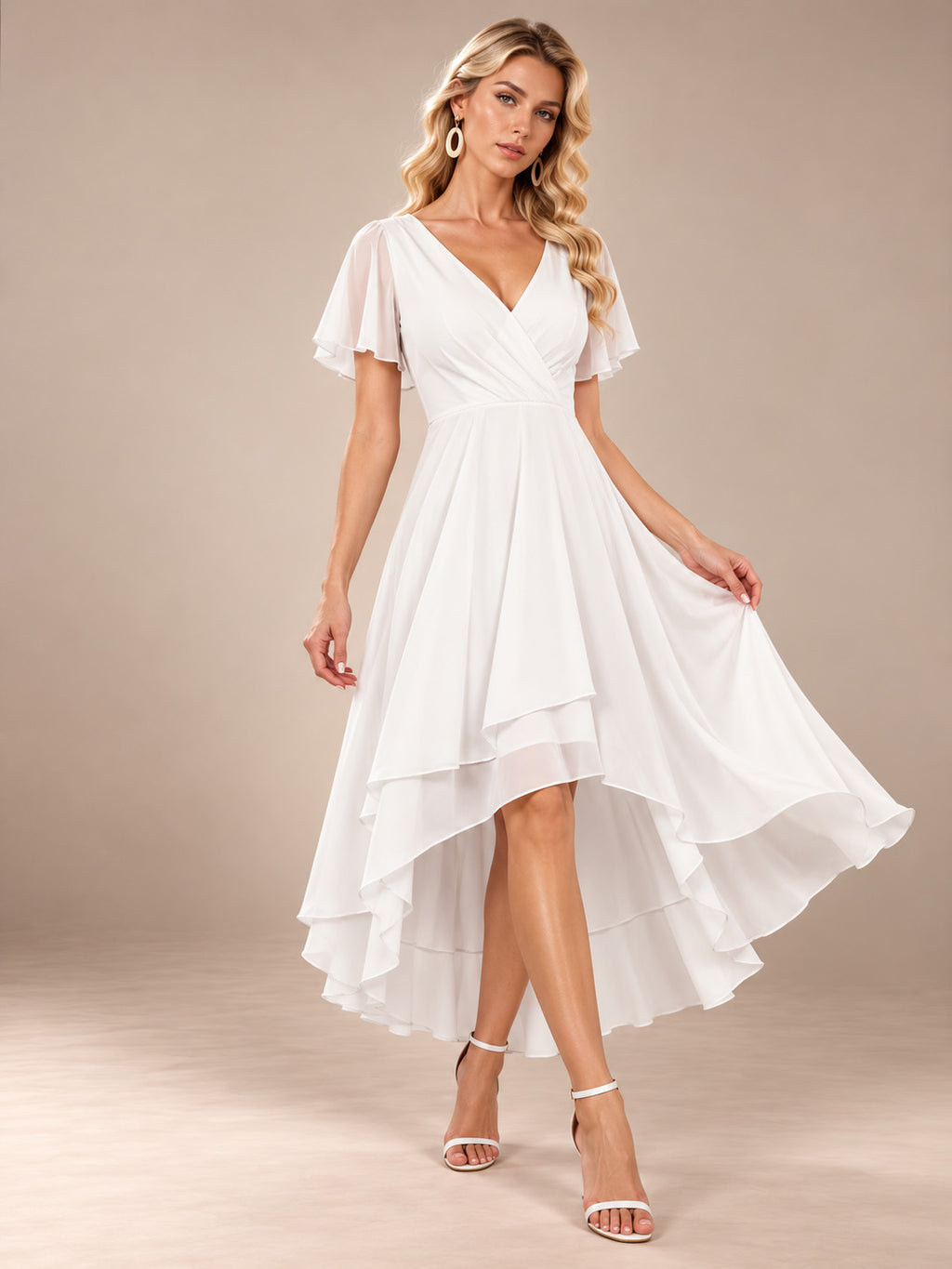Women’s Emerald Green Elegant Chiffon V-Neck Flutter Sleeve High-Low A-Line Midi Dress with Wrap Detail
