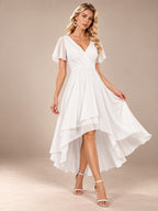 Women’s Emerald Green Elegant Chiffon V-Neck Flutter Sleeve High-Low A-Line Midi Dress with Wrap Detail