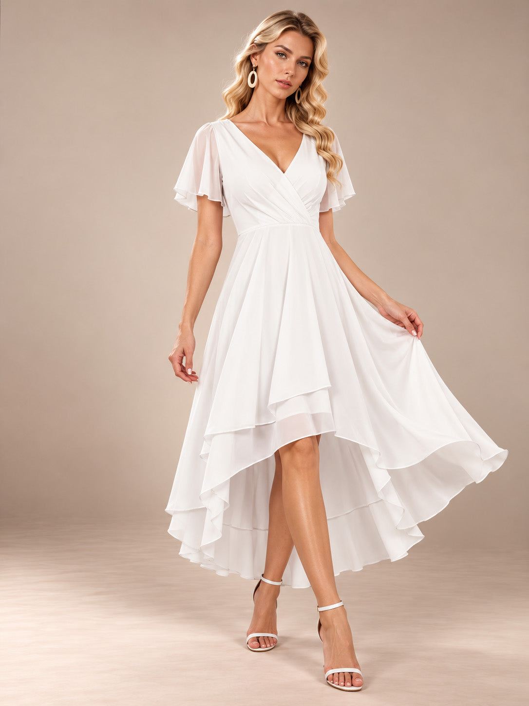 Women’s Emerald Green Elegant Chiffon V-Neck Flutter Sleeve High-Low A-Line Midi Dress with Wrap Detail