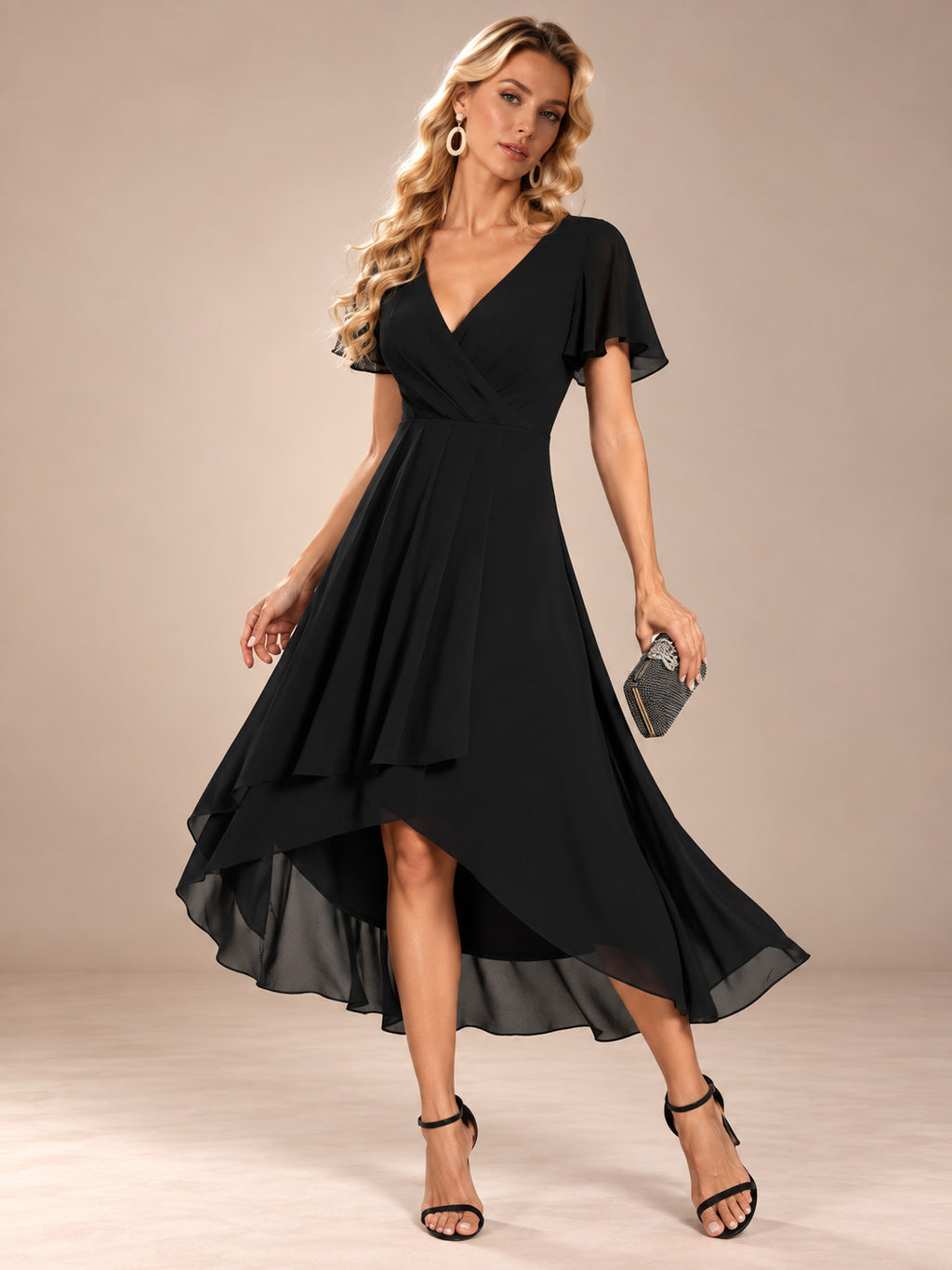 Women’s Emerald Green Elegant Chiffon V-Neck Flutter Sleeve High-Low A-Line Midi Dress with Wrap Detail