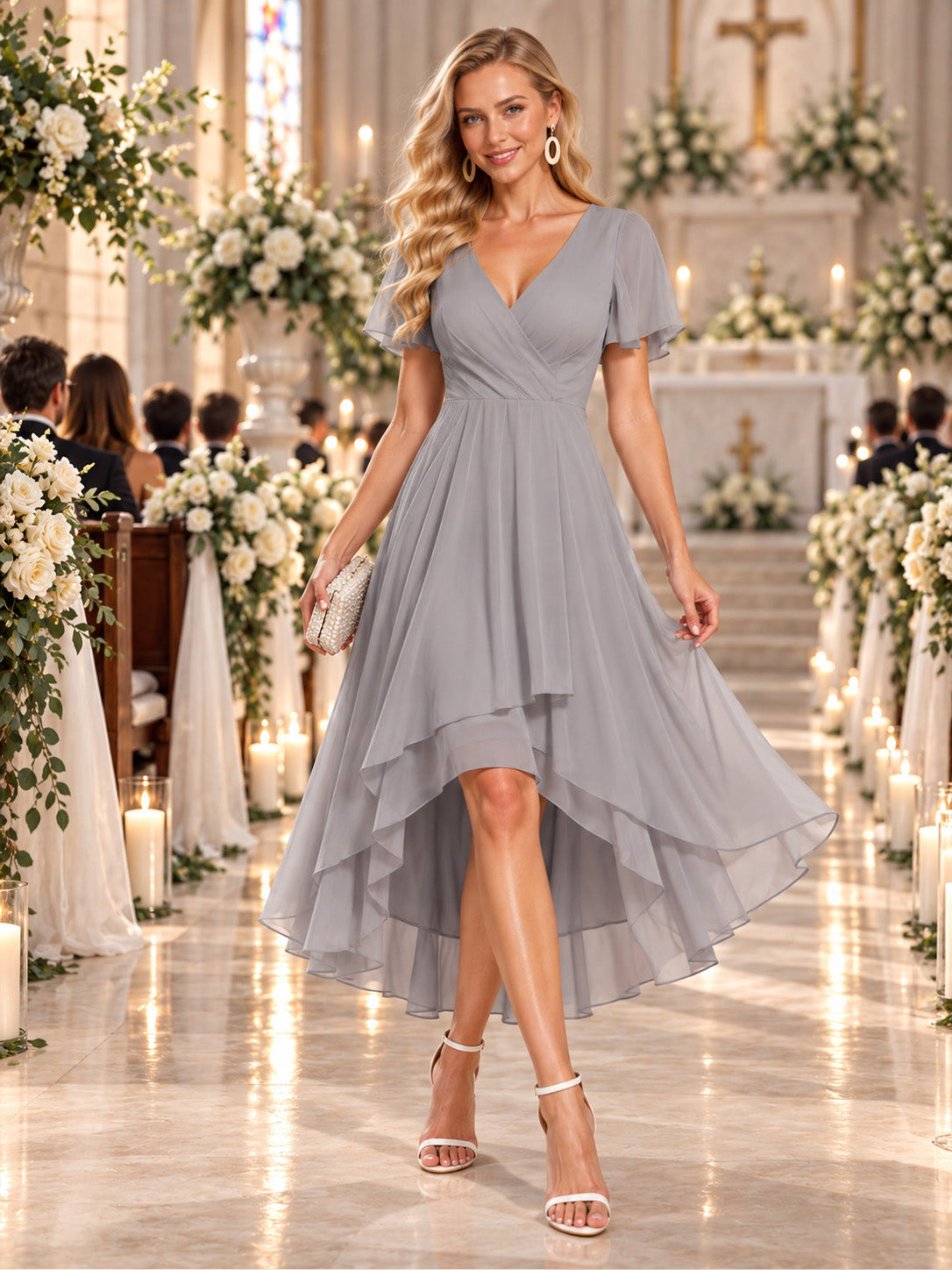Women’s Emerald Green Elegant Chiffon V-Neck Flutter Sleeve High-Low A-Line Midi Dress with Wrap Detail