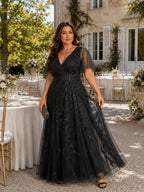 Women’s Burgundy Glamorous Sequin Mesh V Neck Flutter Short Sleeve A-Line Maxi Dress with Embellished Detail