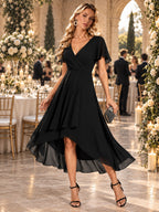 Women’s Emerald Green Elegant Chiffon V-Neck Flutter Sleeve High-Low A-Line Midi Dress with Wrap Detail