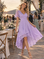 Women’s Emerald Green Elegant Chiffon V-Neck Flutter Sleeve High-Low A-Line Midi Dress with Wrap Detail