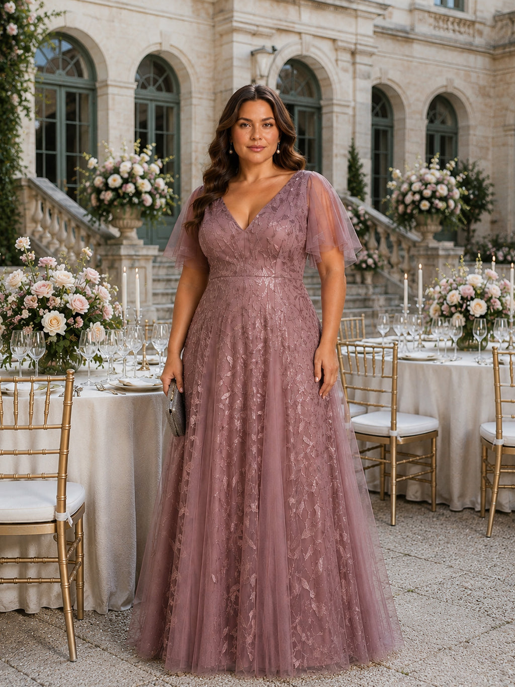 Women’s Burgundy Glamorous Sequin Mesh V Neck Flutter Short Sleeve A-Line Maxi Dress with Embellished Detail