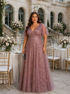 Women’s Burgundy Glamorous Sequin Mesh V Neck Flutter Short Sleeve A-Line Maxi Dress with Embellished Detail