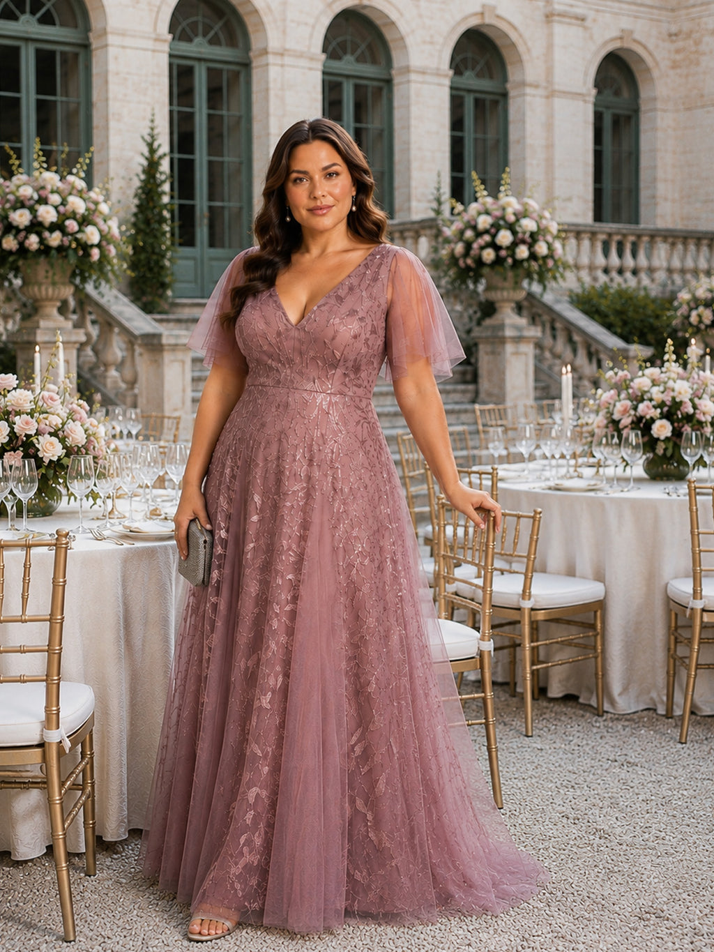 Women’s Burgundy Glamorous Sequin Mesh V Neck Flutter Short Sleeve A-Line Maxi Dress with Embellished Detail