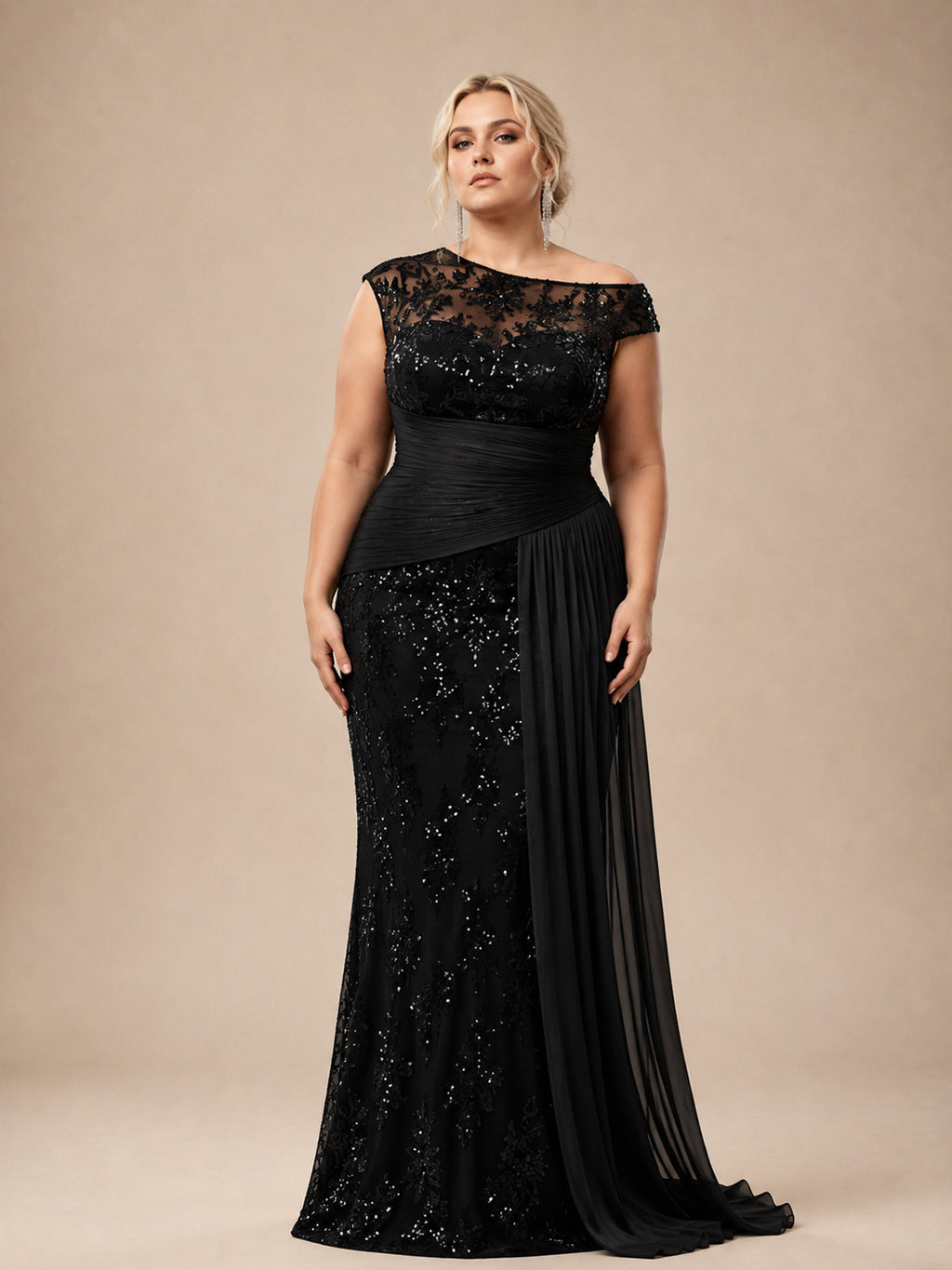 Women’s Black Elegant Sequin Lace Asymmetric Neck Cap Sleeve Mermaid Maxi Dress with Draped Side Panel