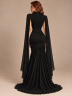 Women’s Butter Yellow Elegant Chiffon High Neck Sleeveless Maxi Dress with Cape Sleeves and Asymmetric Mermaid Hem