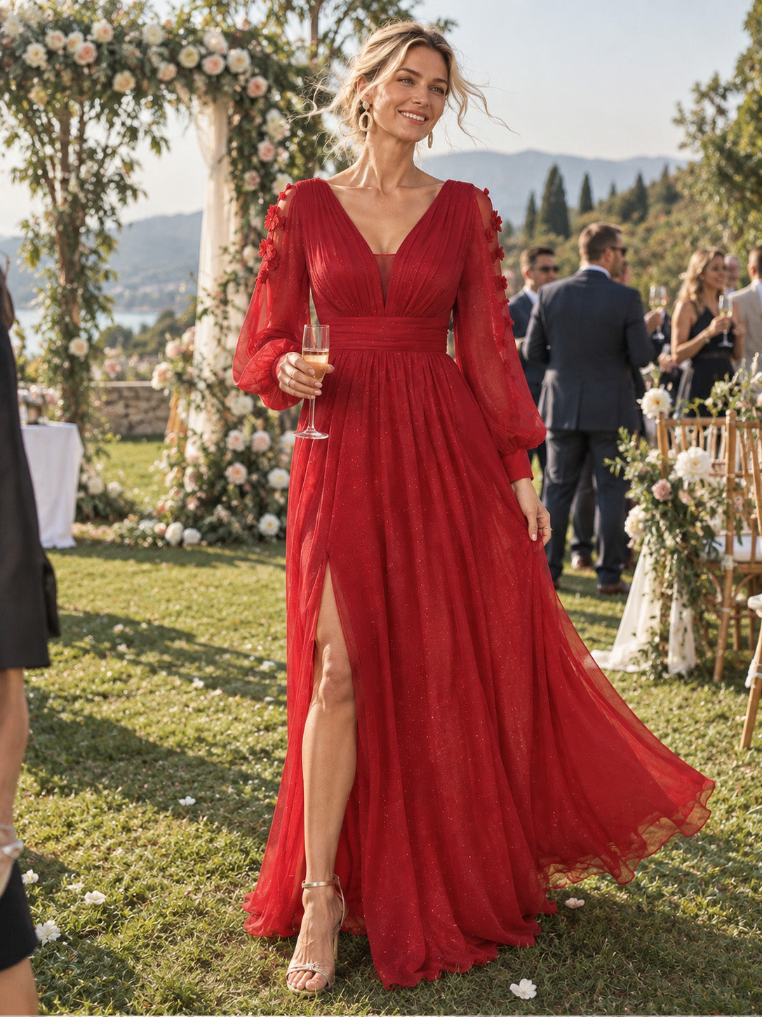 Women’s Red Elegant Glitter V-Neck Sheer Long Sleeve A-Line Maxi Dress with Floral Appliqué and High Slit