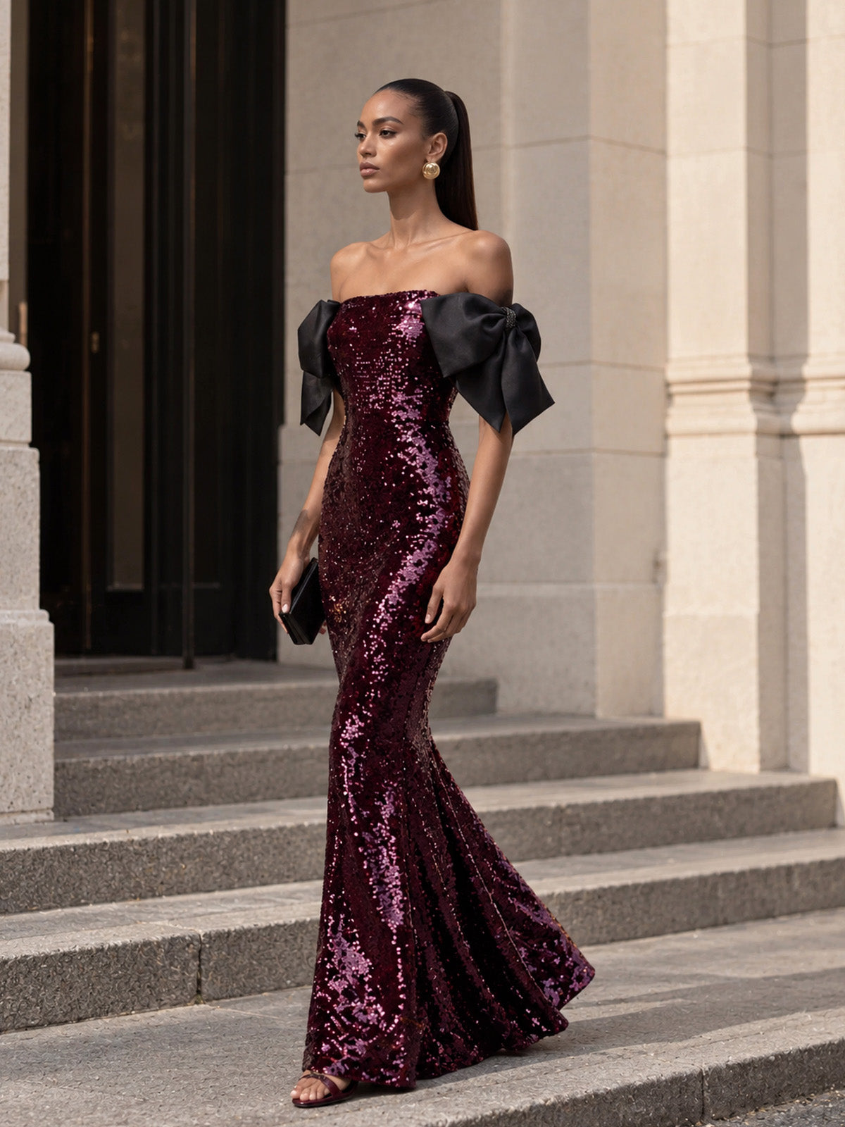 Women’s Burgundy Purple Glamorous Sequin Off-Shoulder Short Sleeve Mermaid Maxi Dress with Black Bow Detail