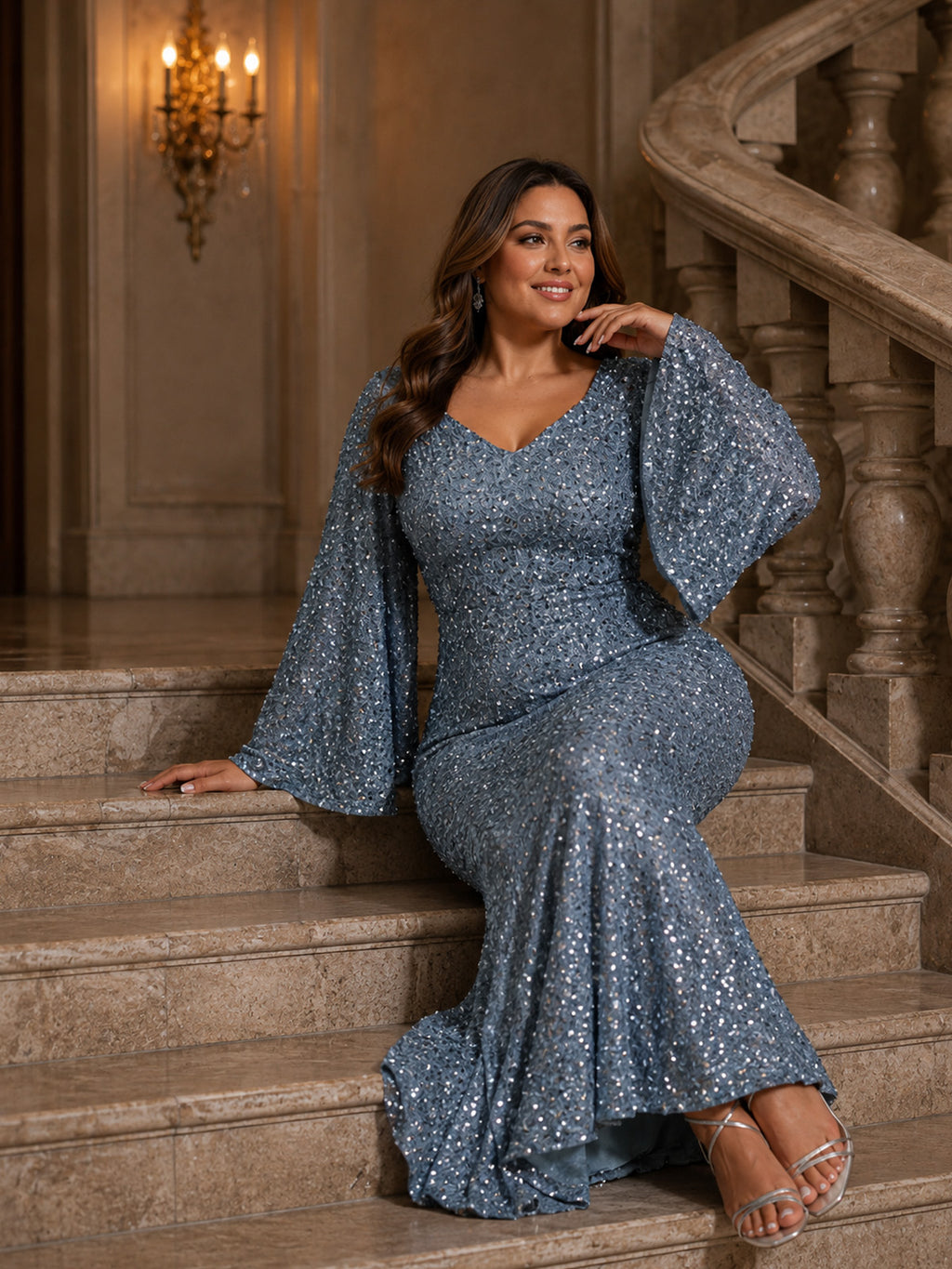 Women’s Silver Blue Glamorous Sequin Mesh V Neck Long Bell Sleeve Mermaid Maxi Dress with Embellished Detail