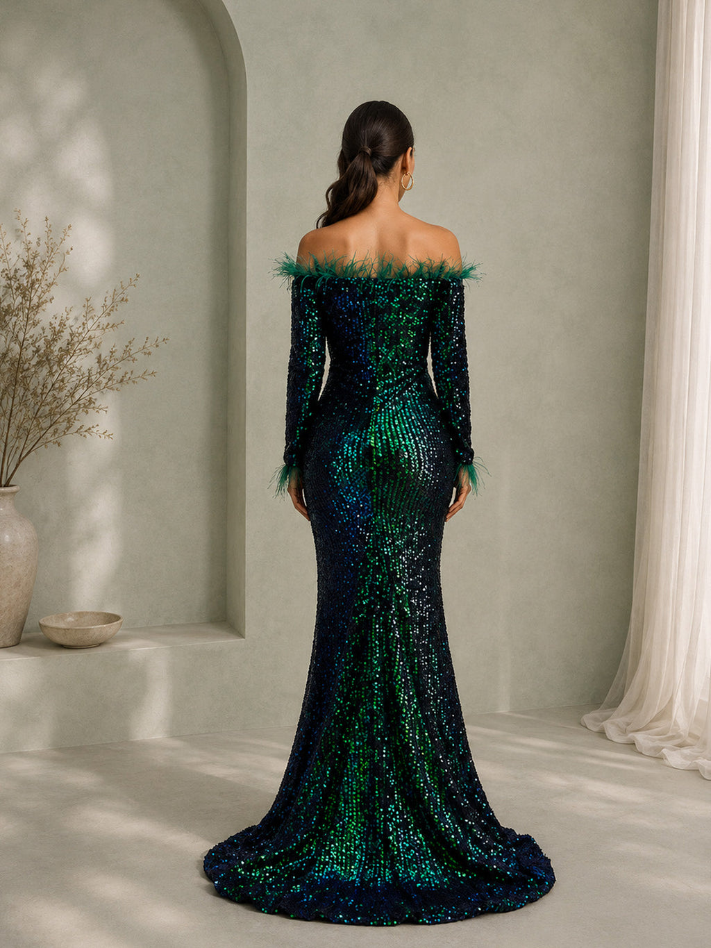 Damen bordeauxrotes, luxuriöses Pailletten-Off-Shoulder-Maxikleid mit langen Ärmeln im Meerjungfrauen-Stil