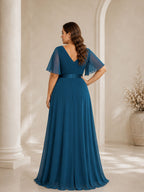 Women’s White Graceful Chiffon V Neck Flutter Short Sleeve A-Line Maxi Dress with Pleated Bodice Detail