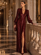 Women’s Champagne Gold Glamorous Sequin V-Neck Long Balloon Sleeve Shift Maxi Dress with Asymmetric Hem Detail