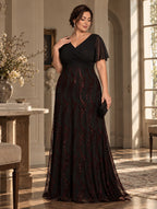 Women's Plus Size Burgundy Sequin V-Neck Flutter Sleeve A-Line Maxi Evening Dress