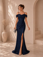 Women’s Glamorous Sequin Spaghetti Strap Cold Shoulder Slim Mermaid Maxi Dress with High Slit