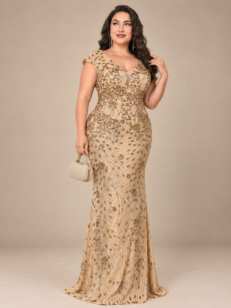 Women’s Olive Green Elegant Sequin Mesh V-Neck Cap Sleeve Mermaid Maxi Dress