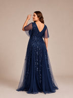 Women’s Burgundy Glamorous Sequin Mesh V Neck Flutter Short Sleeve A-Line Maxi Dress with Embellished Detail