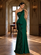 Women’s Emerald Green Elegant Sequin One Shoulder Sleeveless Mermaid Maxi Dress with Asymmetric Ruffle and Colorblock Detail