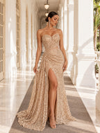 Women’s Champagne Gold Glamorous Sequin One Shoulder Sleeveless Mermaid Maxi Dress with Ruched Detail, High Slit and Lace-Up Back