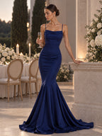 Women’s Royal Blue Elegant Satin Cowl Neck Spaghetti Strap Mermaid Maxi Dress with Fitted Waist and Flared Hem