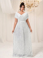 Women’s Navy Blue Glamorous Sequin Mesh V Neck Short Sleeve A-Line Maxi Dress with Pleated Wrap Bodice Detail