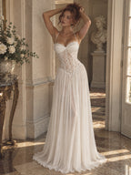 Women’s Blush Pink Elegant Chiffon Sweetheart Neck Spaghetti Strap A-Line Maxi Dress with Lace Corset Detail