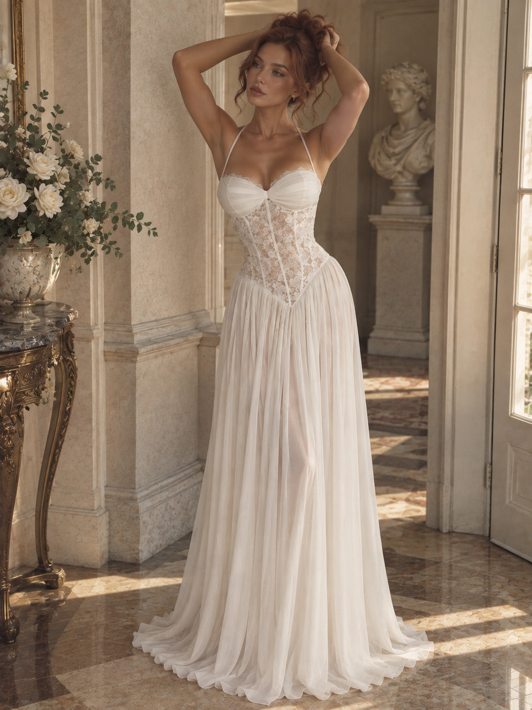 Women’s Blush Pink Elegant Chiffon Sweetheart Neck Spaghetti Strap A-Line Maxi Dress with Lace Corset Detail