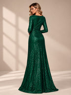 Women’s Silver Elegant Sequin V-Neck Long Sleeve A-Line Maxi Dress with Ruched Waist