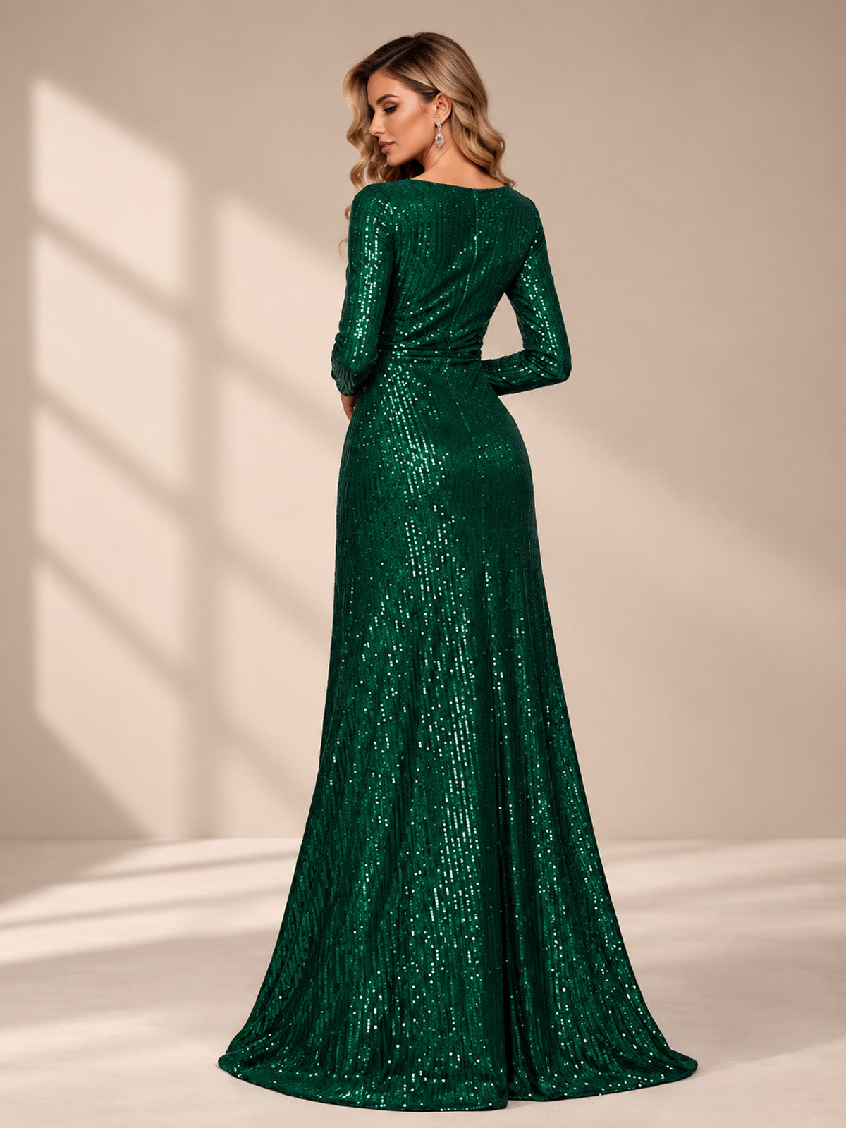 Women’s Silver Elegant Sequin V-Neck Long Sleeve A-Line Maxi Dress with Ruched Waist