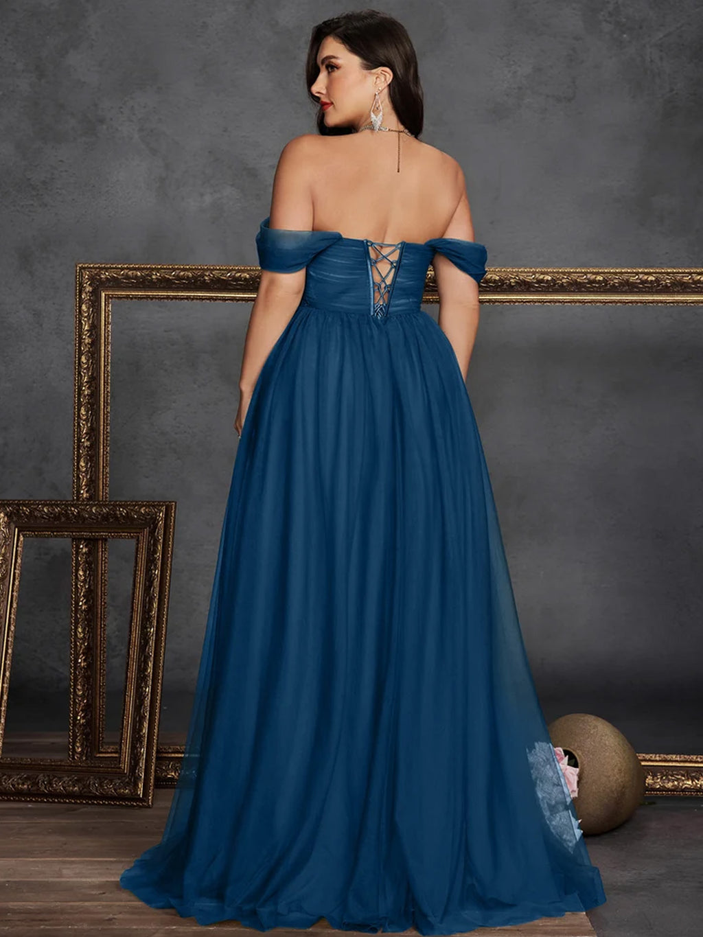 Women’s Olive Green Elegant Tulle Off Shoulder Short Sleeve A-Line Maxi Dress with Floral Appliqué