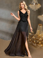 Women’s Black Glamorous Sequin V-Neck Sleeveless A-Line Maxi Dress with Sheer Pleated Skirt and High Slit
