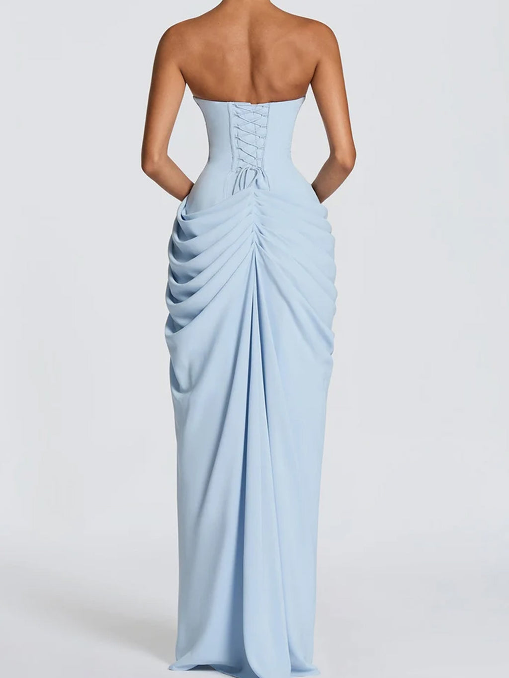 Women’s Pale Yellow Glamorous Strapless Sleeveless Slim Fit Maxi Dress with Ruched High Slit Detail