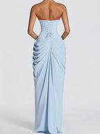 Women’s Pale Yellow Glamorous Strapless Sleeveless Slim Fit Maxi Dress with Ruched High Slit Detail