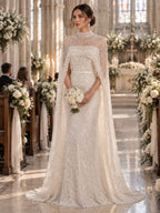 Women’s Champagne Beaded Mermaid Wedding Dress High Neck Long Sleeve Bridal Gown with Crystal Embellished Cape Detail