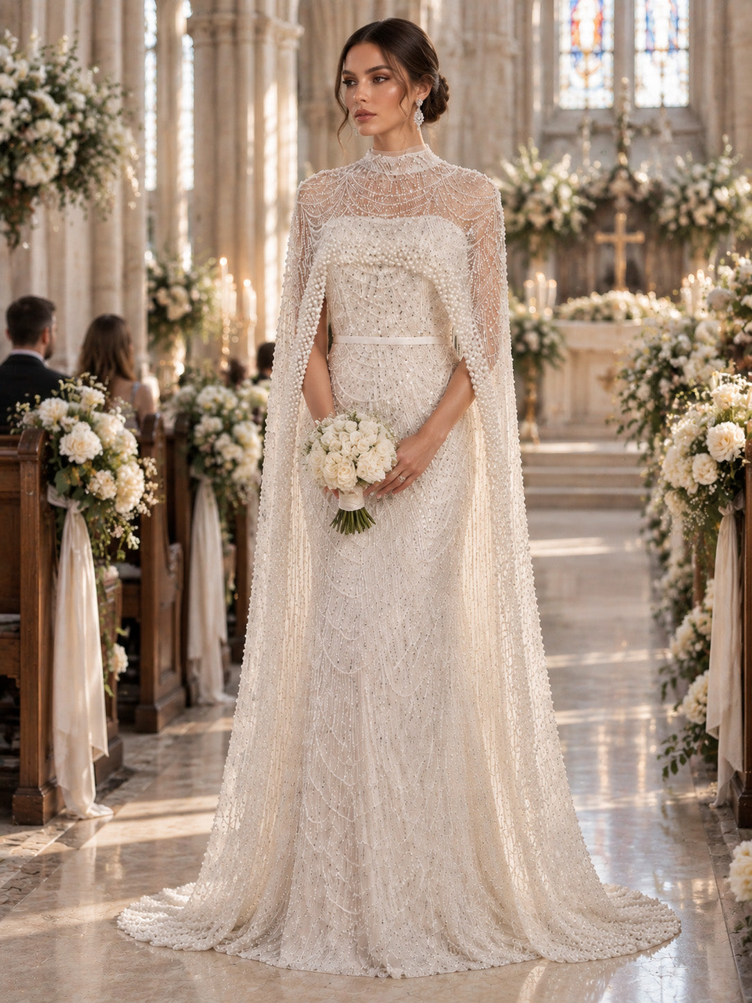 Women’s Champagne Beaded Mermaid Wedding Dress High Neck Long Sleeve Bridal Gown with Crystal Embellished Cape Detail