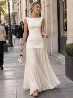Women’s Ivory Elegant Boat Neck Sleeveless Pleated Maxi Dress with Drop Waist Detail
