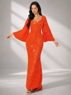 Women’s Rose Gold Evening Sequin V-Neck Mermaid Maxi Dress with Bell Sleeves