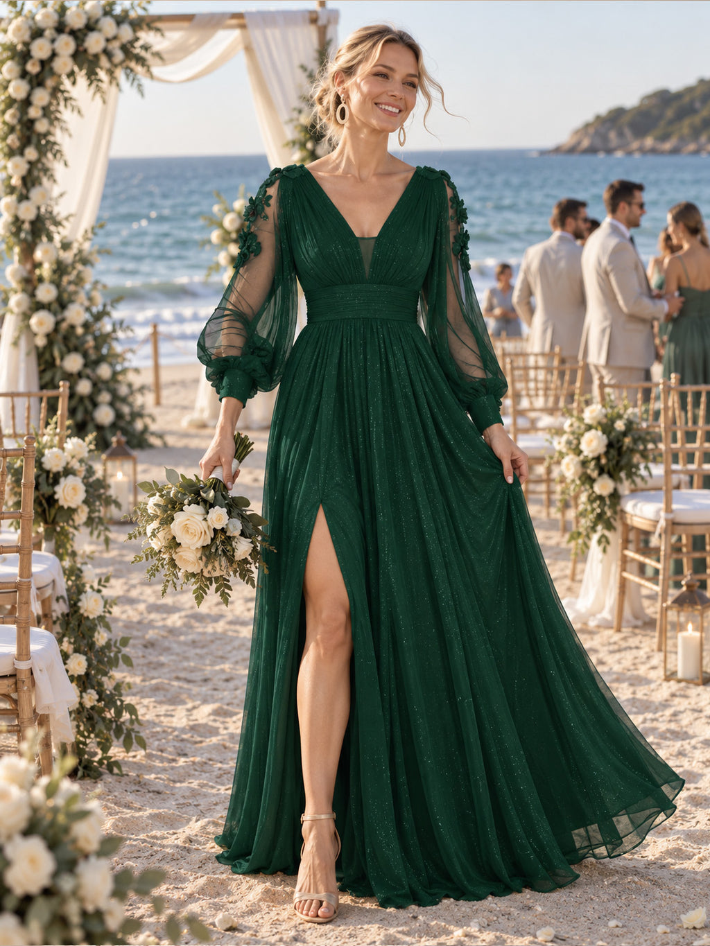 Women’s Red Elegant Glitter V-Neck Sheer Long Sleeve A-Line Maxi Dress with Floral Appliqué and High Slit
