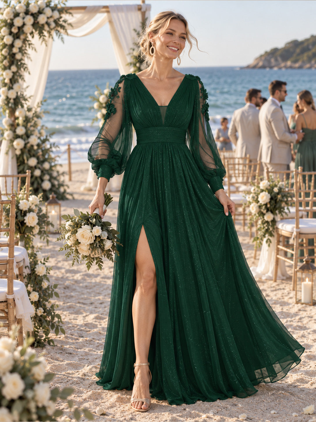 Women’s Red Elegant Glitter V-Neck Sheer Long Sleeve A-Line Maxi Dress with Floral Appliqué and High Slit
