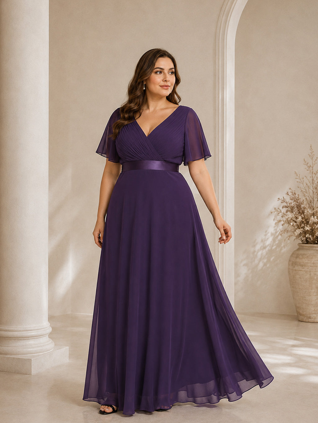 Women’s White Graceful Chiffon V Neck Flutter Short Sleeve A-Line Maxi Dress with Pleated Bodice Detail