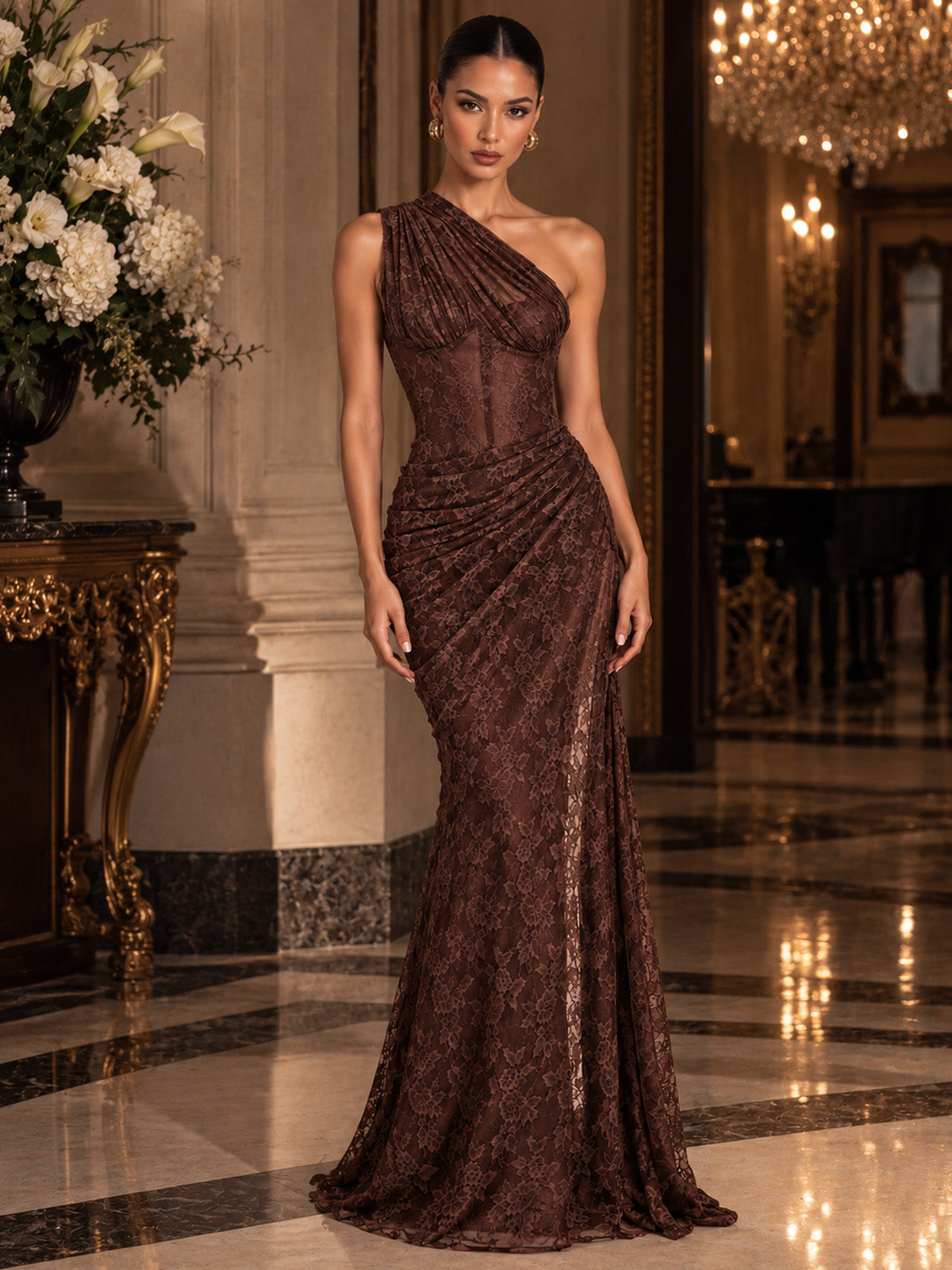 Women’s Burgundy Elegant Floral Lace One Shoulder Sleeveless Sheath Maxi Dress with Asymmetric Ruched Detail